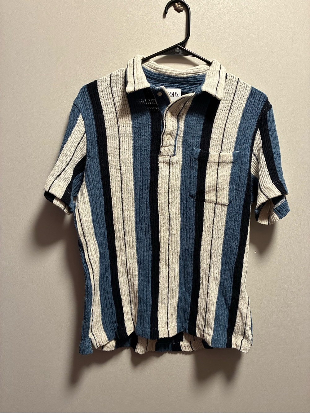 Zara Men’s Blue, White & Black Vertical Stripe Polo